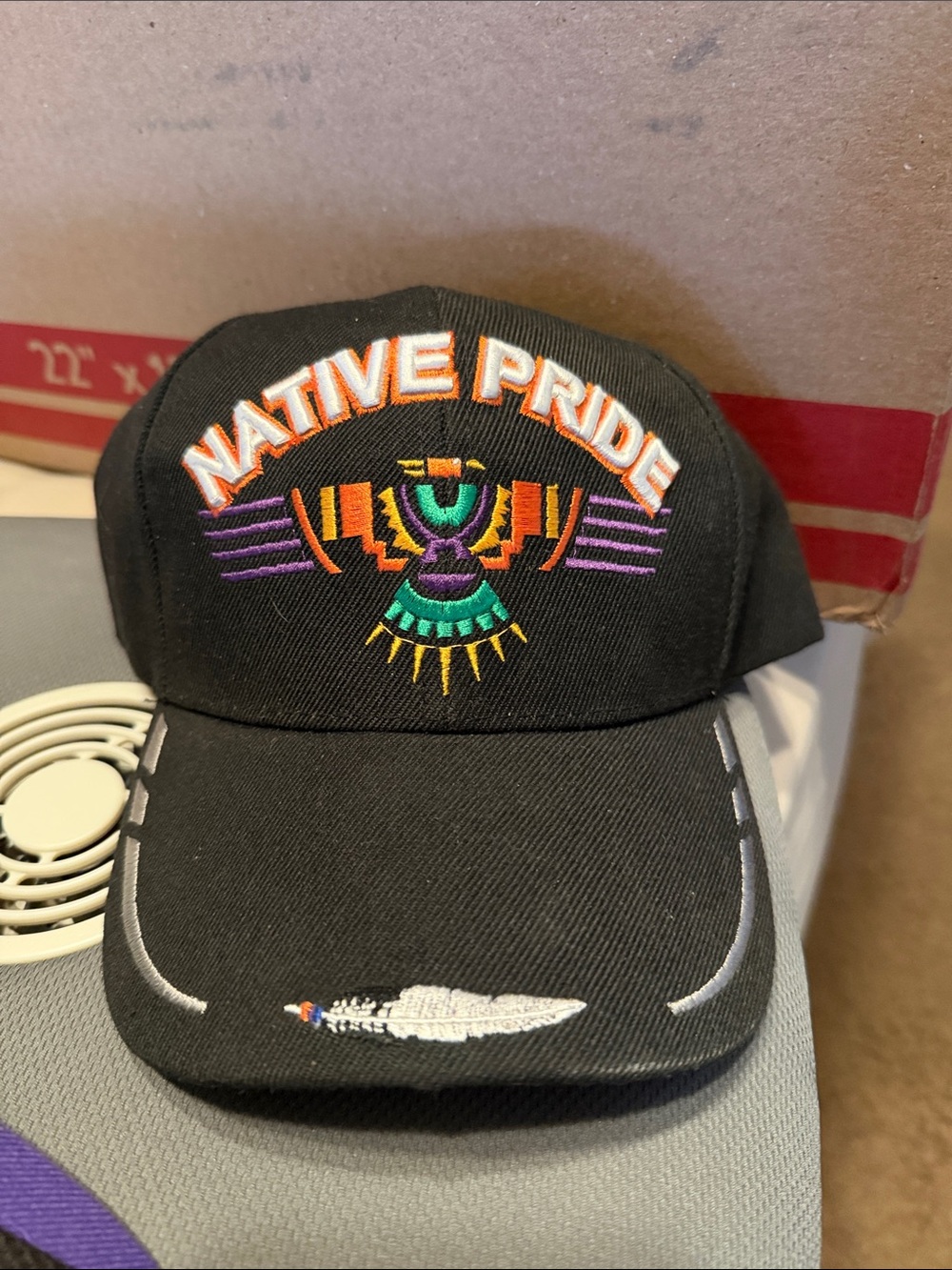 Native pride, cap, colorful feathers bird